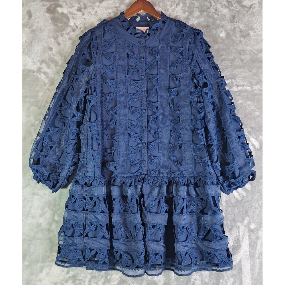 Ciebon Womens M Blue Lace Cutout Eyelet Drop Waist Mini Dress Long Sleeve
